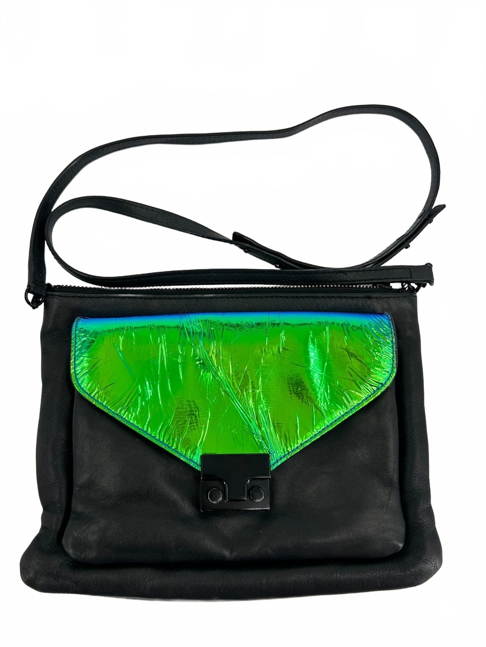 Loeffler Randall Black/Green Leather Crossbody Bag | OS Regular